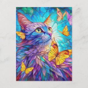 Cartão Postal Gato de Vidro Pintado 730 borboletas azuis amarela