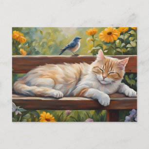 Cartão Postal Gato descansando no banco do jardim de verão