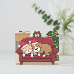 Cartão Postal gato-do-cão papai noel boné natal