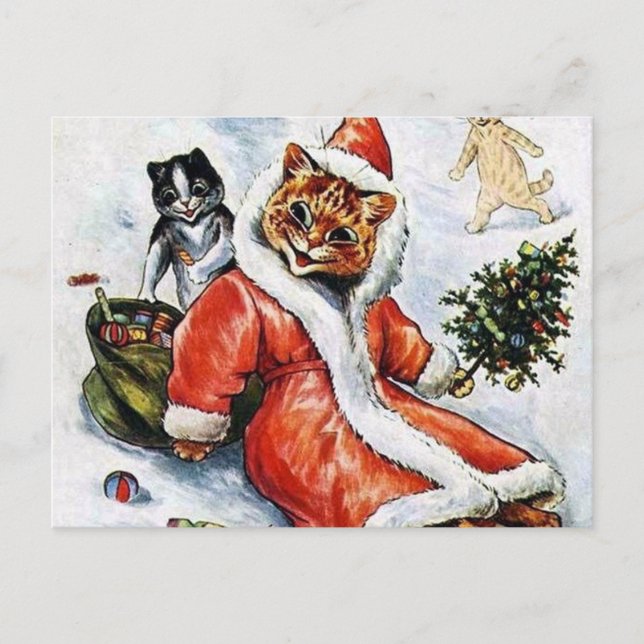 Cartão Postal Gato do Papai Noel de Natal de Louis Wain (Frente)