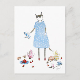 Cartão Postal Gato do Tea Party em um vestido Karen Walker