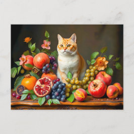 Cartão Postal Gato Doméstico Entre Frutas e Flores