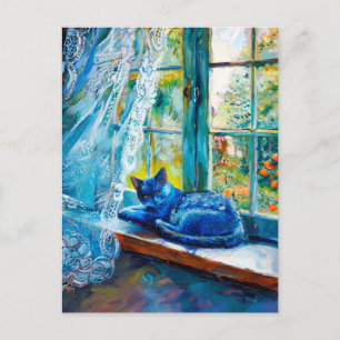 Cartão Postal Gato Dormindo no Parapeito da Janela