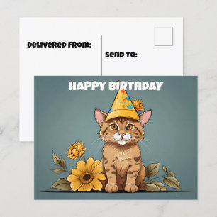 Cartão Postal Gato dourado asiático usando chapéu de aniversário