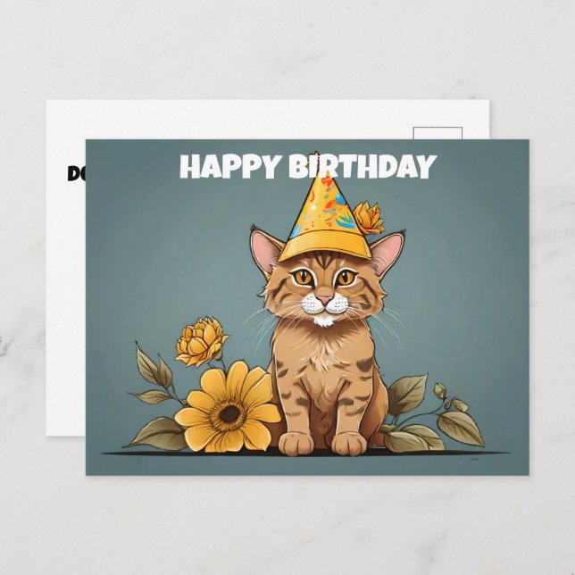 Cartão Postal Gato dourado asiático usando chapéu de aniversário (Frente/Verso)