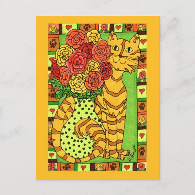 Cartão Postal Gato Dourado com Rosas (Frente)