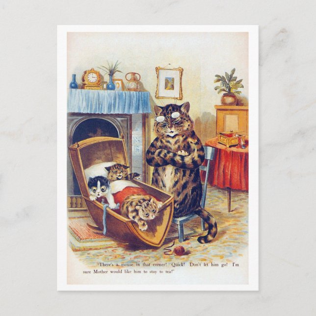 Cartão Postal Gato Dozinho e Gato Bebê, Louis Wain (Frente)