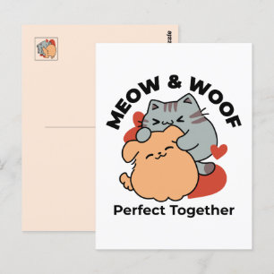 Cartão Postal Gato e Cachorro Adoráveis Abraçados – Design Meow 