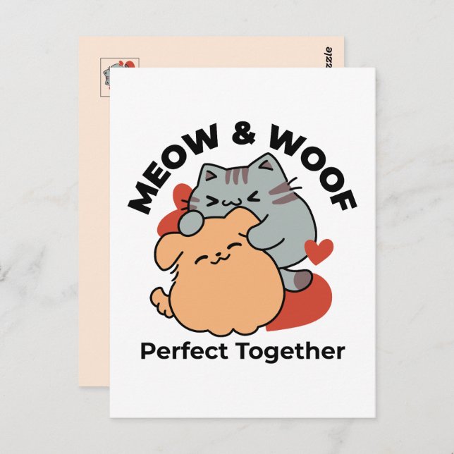 Cartão Postal Gato e Cachorro Adoráveis Abraçados – Design Meow  (Frente/Verso)