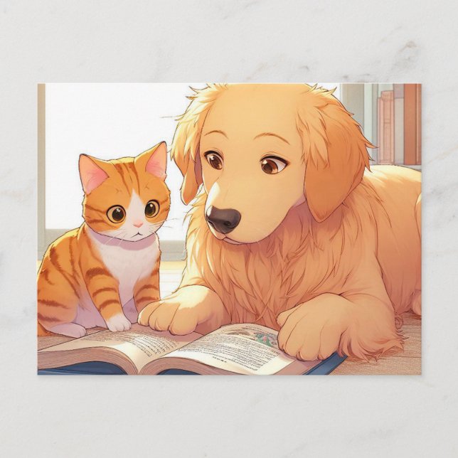 Cartão Postal Gato e cão lendo um livro (Frente)
