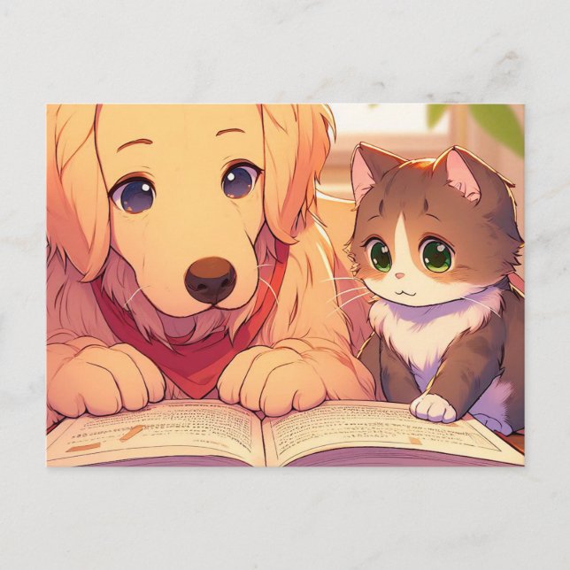 Cartão Postal Gato e cão lendo um livro (Frente)