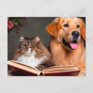 Cartão Postal Gato e cão lendo um livro