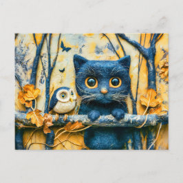Cartão Postal Gato e Coruja na Floresta à Noite de Felt