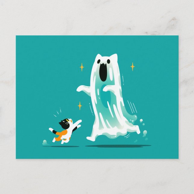 Cartão Postal Gato e Fantasma Amigável - Halloween Bonito (Frente)