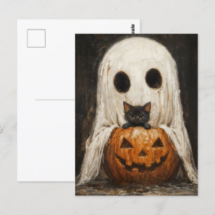 Cartão Postal Gato e Fantasma Pretos do Halloween - Cute Spooky