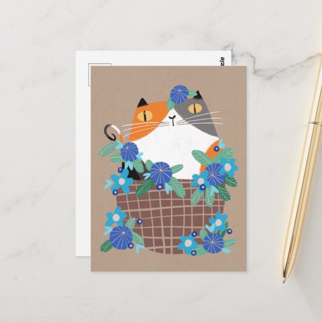 Cartão Postal Gato e flores do Calico (Frente/Verso In Situ)