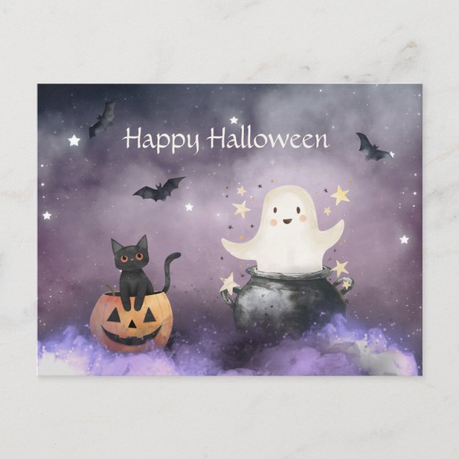 Cartão Postal Gato e Halloween Fantasma (Frente)