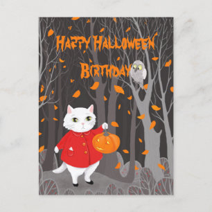 Cartão Postal Gato e Pumpkin de Jack-o'-lanterno bonitos do Hall