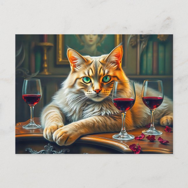 Cartão Postal Gato Elegante com Óculos de Vinho Vermelho (Frente)