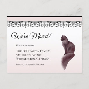 Cartão Postal Gato Elegante Mudamos de Endereço Rosa,