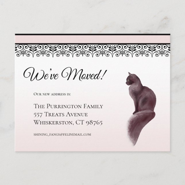 Cartão Postal Gato Elegante Mudamos de Endereço Rosa, (Frente)