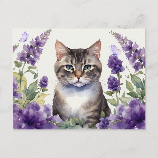 Cartão Postal Gato em aquarela com flores de lavanda  (Frente)