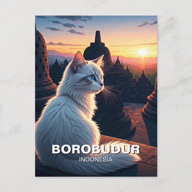 Cartão Postal Gato em Borobudur Indonesia Sunset (Frente)