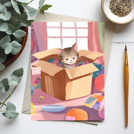 Cartão Postal Gato em Caixa de Papelão | Gatinho Gato Aquarela