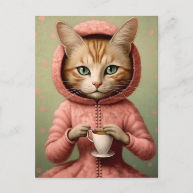 Cartão Postal Gato em Casaco rosa com café (Frente)