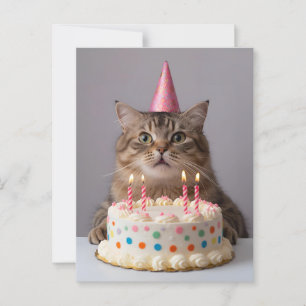 Cartão Postal Gato engraçado com bolo de aniversário