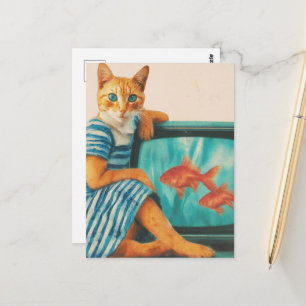Cartão Postal Gato Engraçado Com Colagem Retro de Peixe Dourado