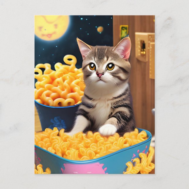 Cartão Postal Gato engraçado com macarrão (Frente)