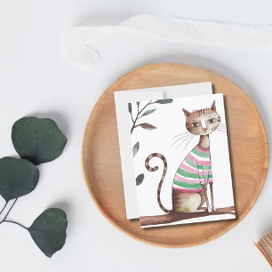 Cartão Postal Gato Engraçado de Aniversário com Suéter Aquarela 