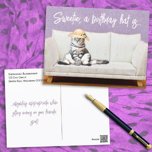 Cartão Postal Gato Engraçado de Chapéu de Sol Floral para Ocasiõ