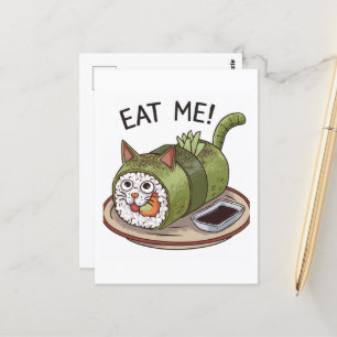 Cartão Postal Gato Engraçado Moldou Roll Sushi