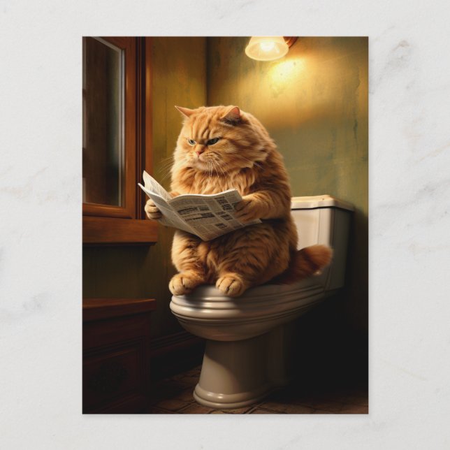 Cartão Postal Gato Engraçado no Banheiro | Quirky Bathroom Humor (Frente)