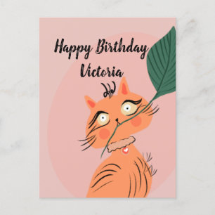 Cartão Postal Gato Engraçado Planta Folha Cartoon Aniversário