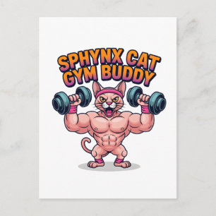 Cartão Postal Gato Esfinge Musculoso Parceiro de Academia Cartoo