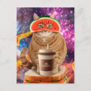 Cartão Postal Gato espacial com óculos de melancia