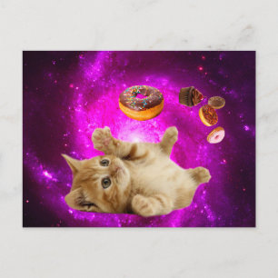 Cartão Postal Gato espacial e rosquinhas voadoras