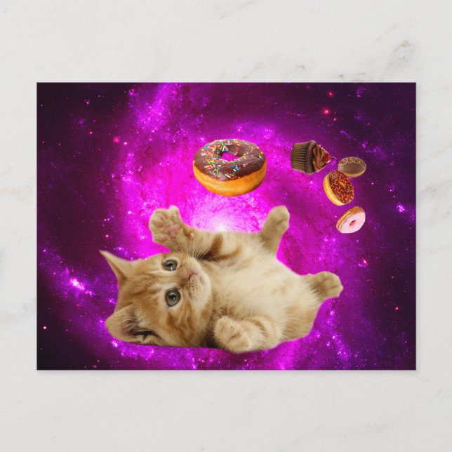 Cartão Postal Gato espacial e rosquinhas voadoras (Frente)