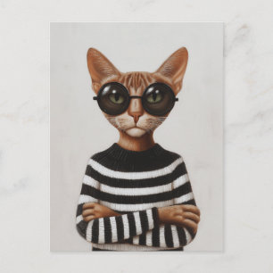 Cartão Postal Gato Estiloso Com Óculos Redondos