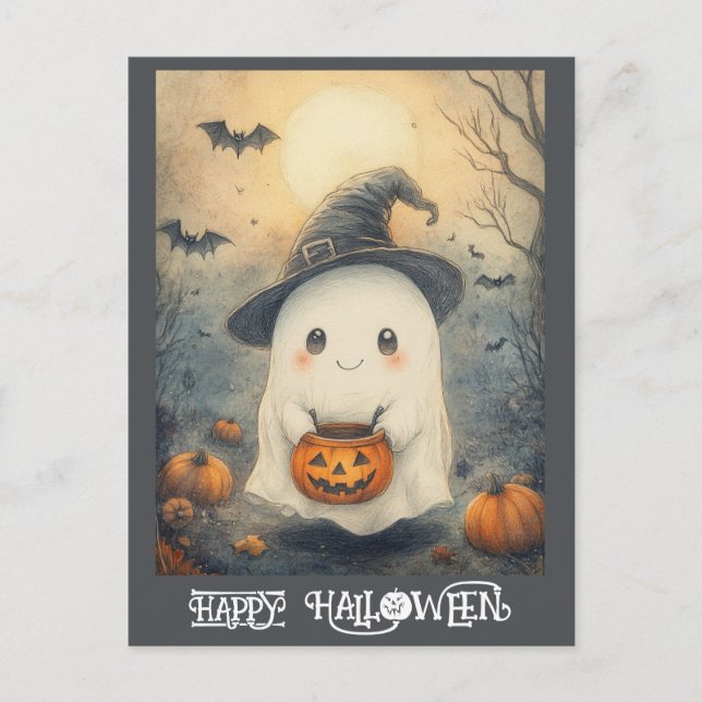 Cartão Postal Gato Fantástico Feliz De Halloween Ou Trate Abóbor (Frente)