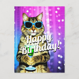 Cartão Postal Gato fazendo brinde de aniversário engraçado 