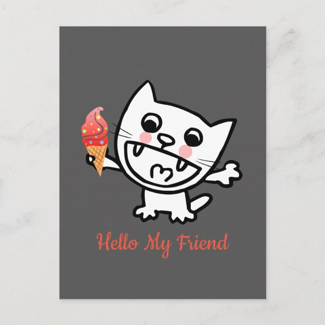 Cartão Postal Gato Feliz com Sorvete (Frente)