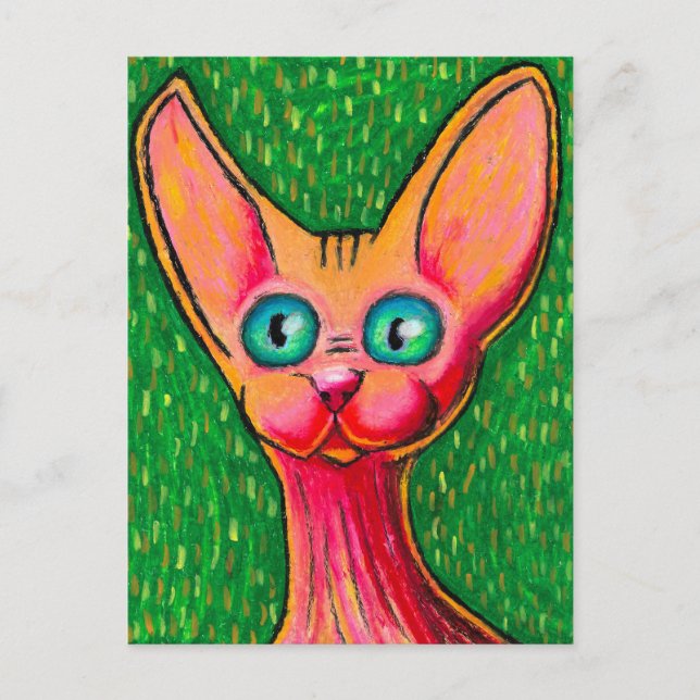 Cartão Postal Gato Feliz Curioso Sem Pelo em Pastel a Óleo sobre (Frente)