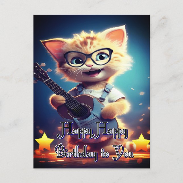 Cartão Postal Gato Feliz de Aniversário Bonito (Frente)