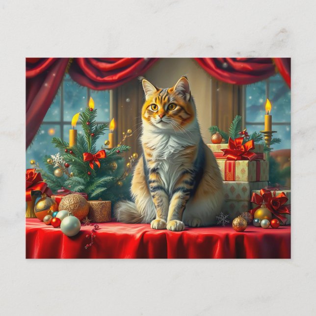 Cartão Postal Gato Festivo com Decoração de Natal (Frente)