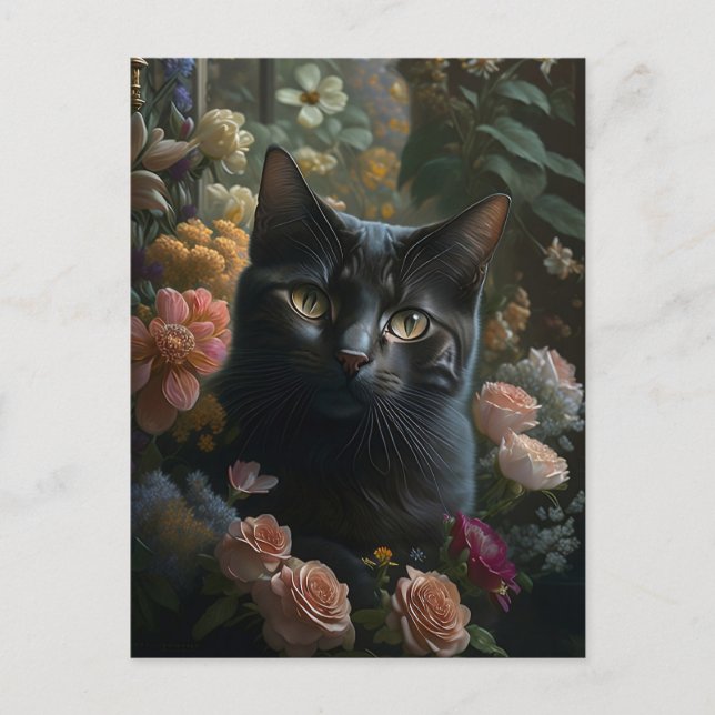 Cartão Postal gato flor (Frente)
