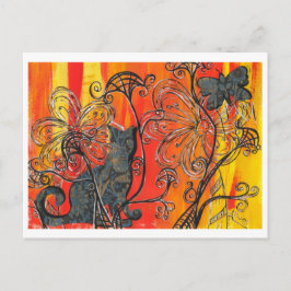 Cartão Postal Gato Flor e Borboleta